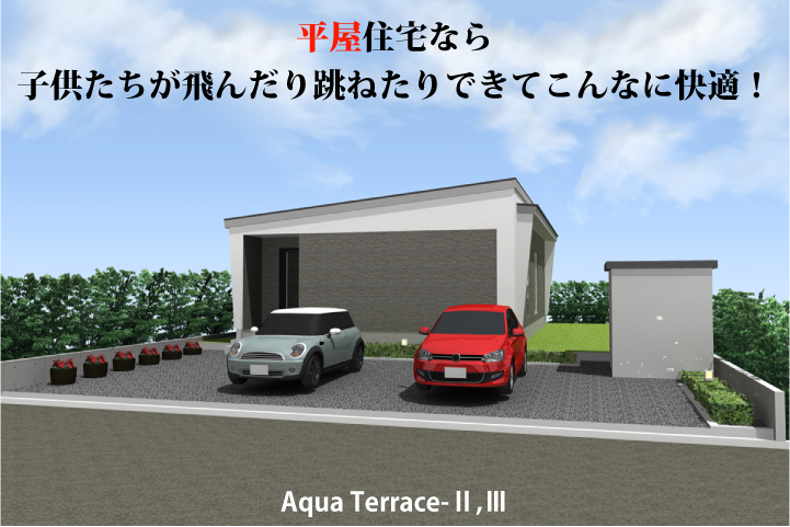 子供たちが飛んだり跳ねたりできてこんなに快適！を基本コンセプトにあなたの欲しかった「10大ポイント」を盛り込んだ新感覚の平屋建て新築住宅　Aqua Terrace-Ⅱ完成予想外観パース